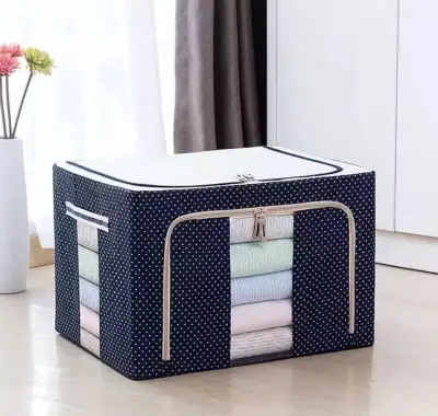 72L Durable Oxford Fabric Foldable Steel Shelf Lidded Clothes Storage Box Natural Canvas Organizer Container With Steel Frame