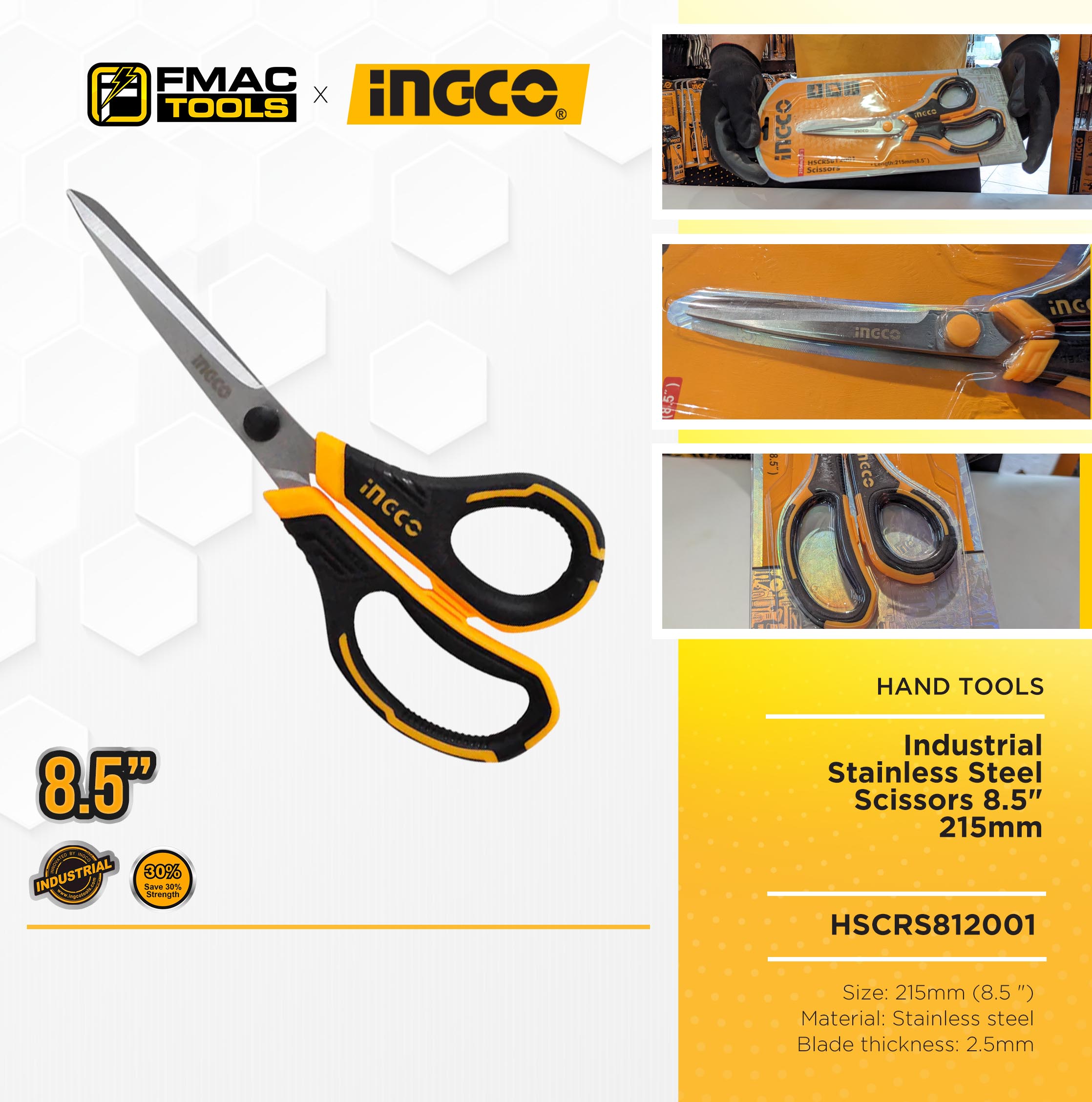 INGCO Industrial Stainless Steel Scissors 8.5" 215mm HSCRS812001 FMAC