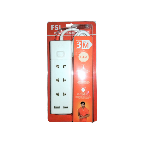 FSL Power Socket with 2 USB Port Extension Cord 3 GANG AND 4 GANG