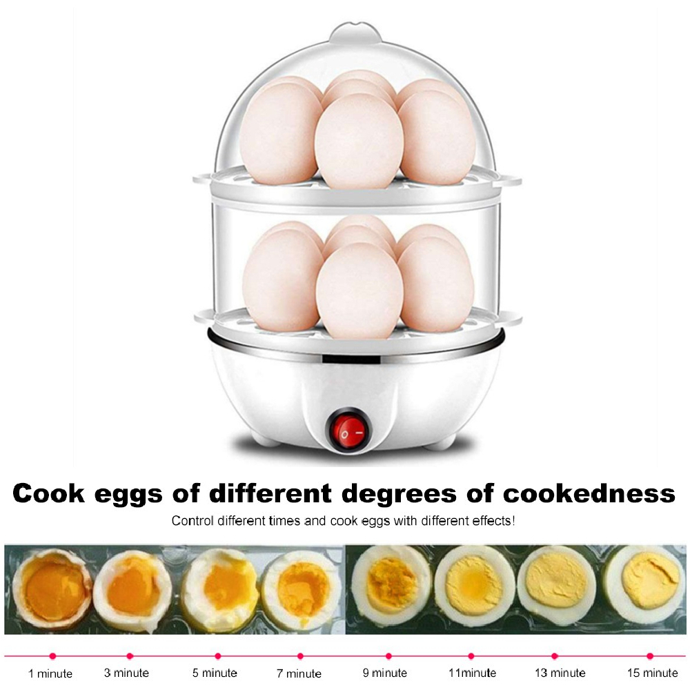 Double Layer Egg Cooker 14 Egg Capacity Hard Boiled Egg Cooker -dry Electric  Egg Boiler with 40mL Measuring Cup Steam Vegetables 