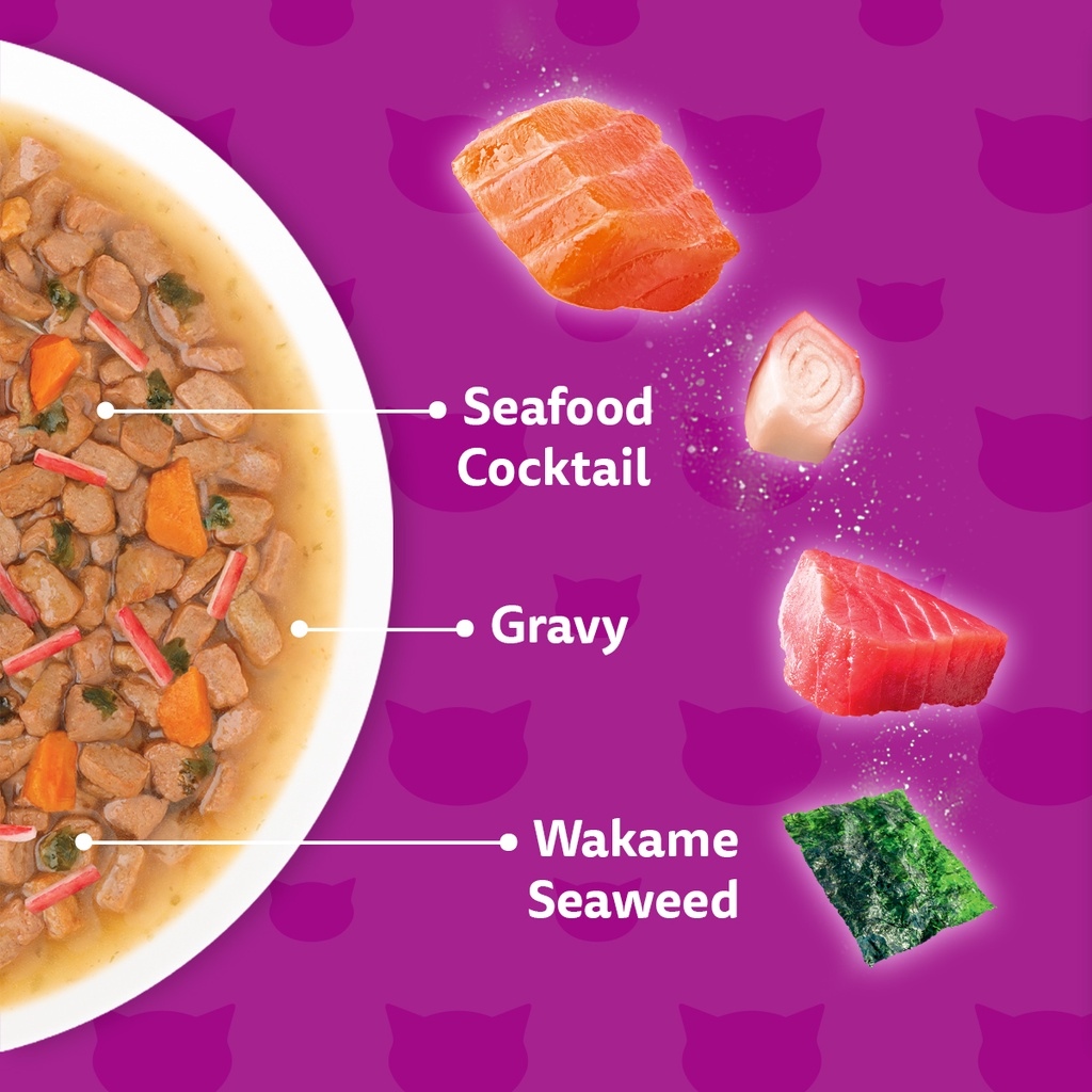 WHISKAS Tasty Mix Cat Food Wet Seafood Cocktail Wakame Seaweed in Gravy