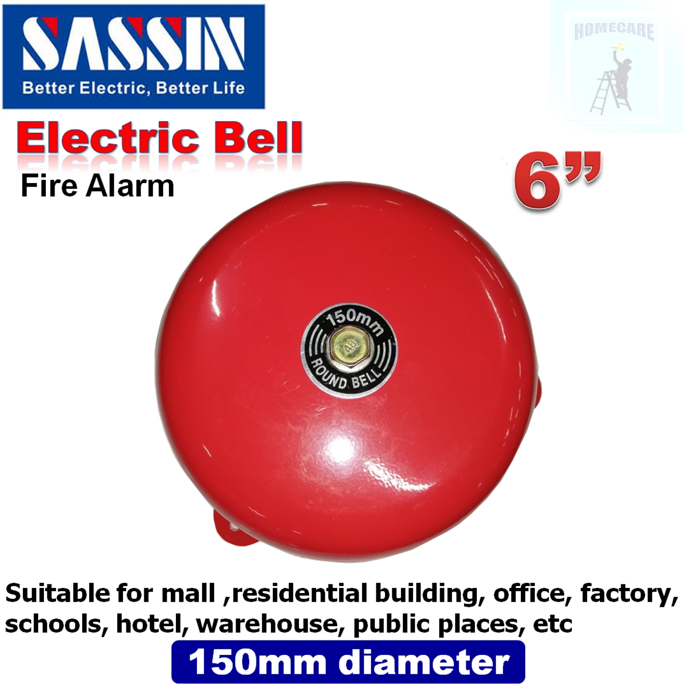 Sassin Electric Bell 150mm 6 inch Dia Metal Round Fire Alarm Bell AC ...