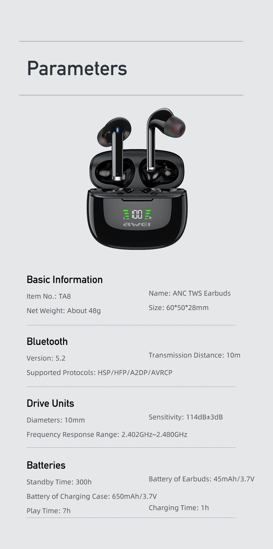 Awei TA8 ANC Bluetooth Sport Headset Noise Cancelling Type-C Earbud Gamer  TWS Wireless HiFi Earphone COD | Lazada PH