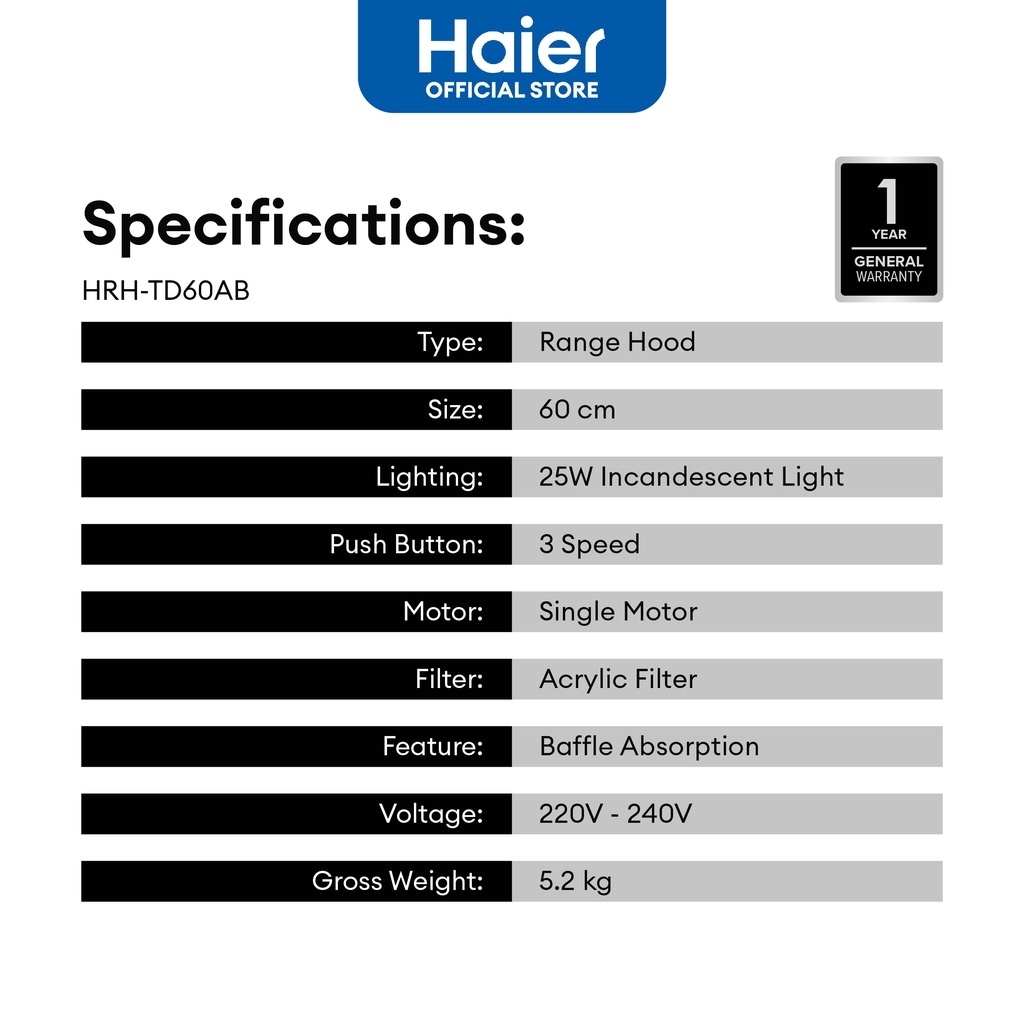 Haier HRHTD60AB 60cm Range Hood (Black) Lazada PH