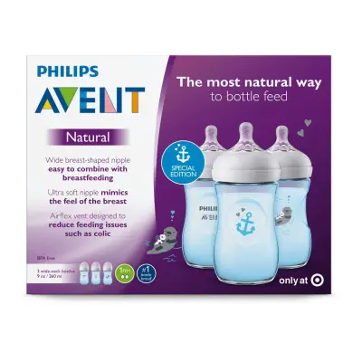 Authentic Philips Avent 3pk Natural Baby Bottle 9oz - Deco Blue