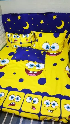 3in1 SPONGEBOB (1 Fitted BED Sheet & 2 Pillow ) 4Corner Garterized High Quality Premium Canadian Cotton Bed Sheet Collection (Single / Double / Queen / King)