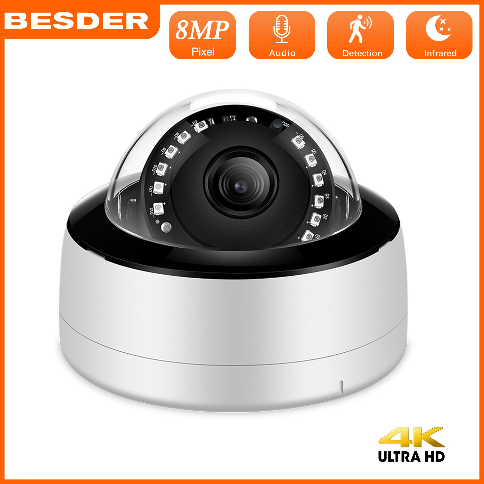 BESDER 8MP POE Camera H.265 5MP Wide Angle Lens indoor CCTV Metal Dome