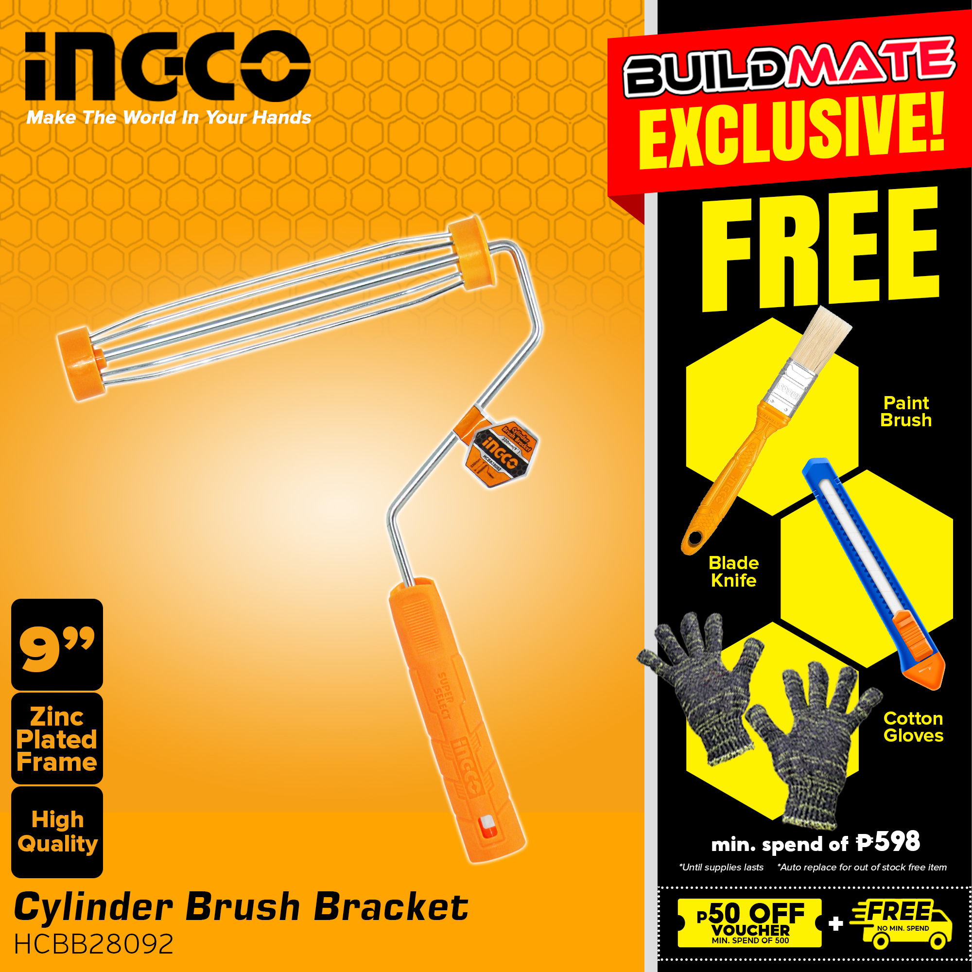 INGCO Cylinder Paint Brush Bracket Holder Roller 9" 320mm SUPER SELECT HCBB28092 •100 ORIGINAL