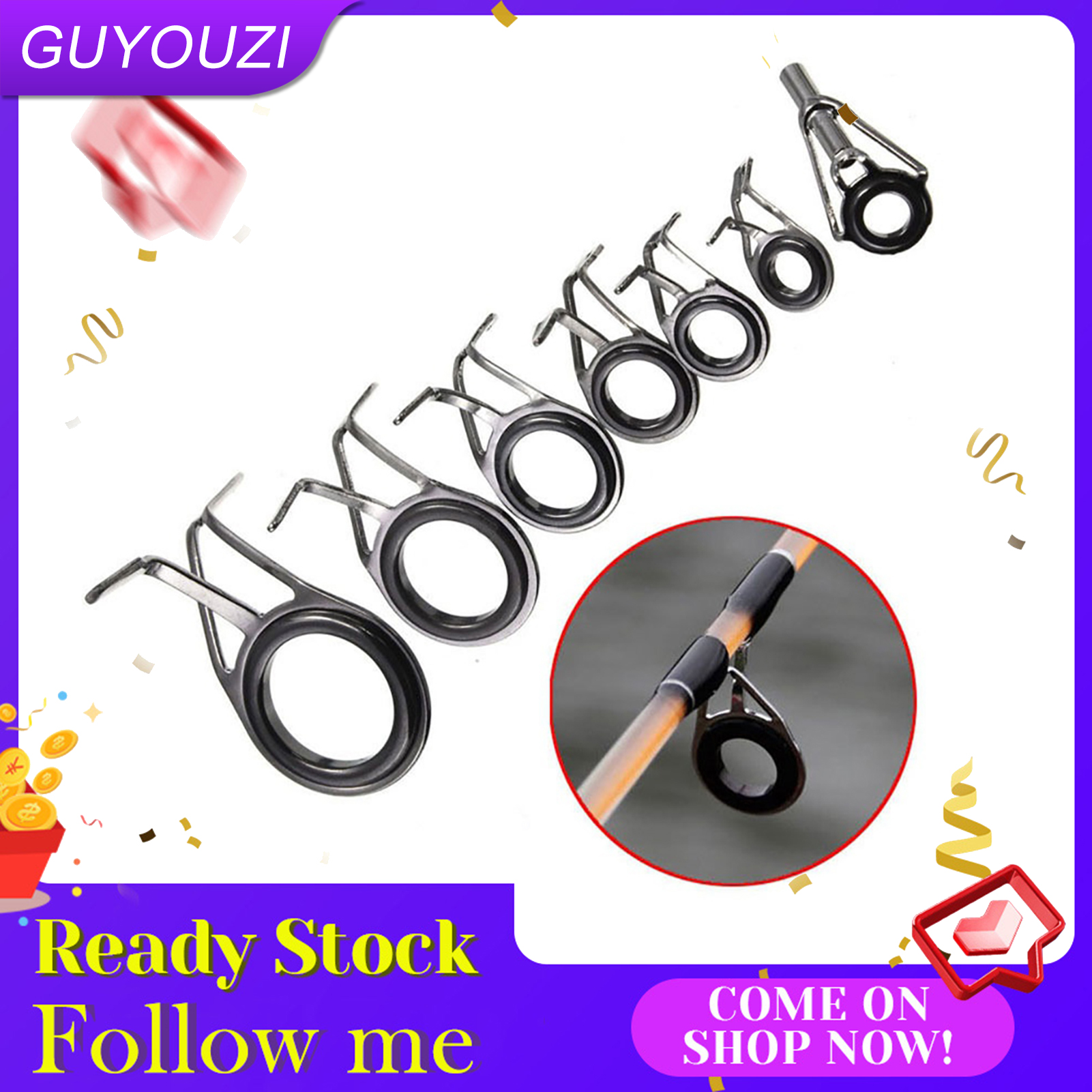 guyouzi® 7Pcs Mixed Size Fishing Rod Guides Tip Top Eye Line Rings