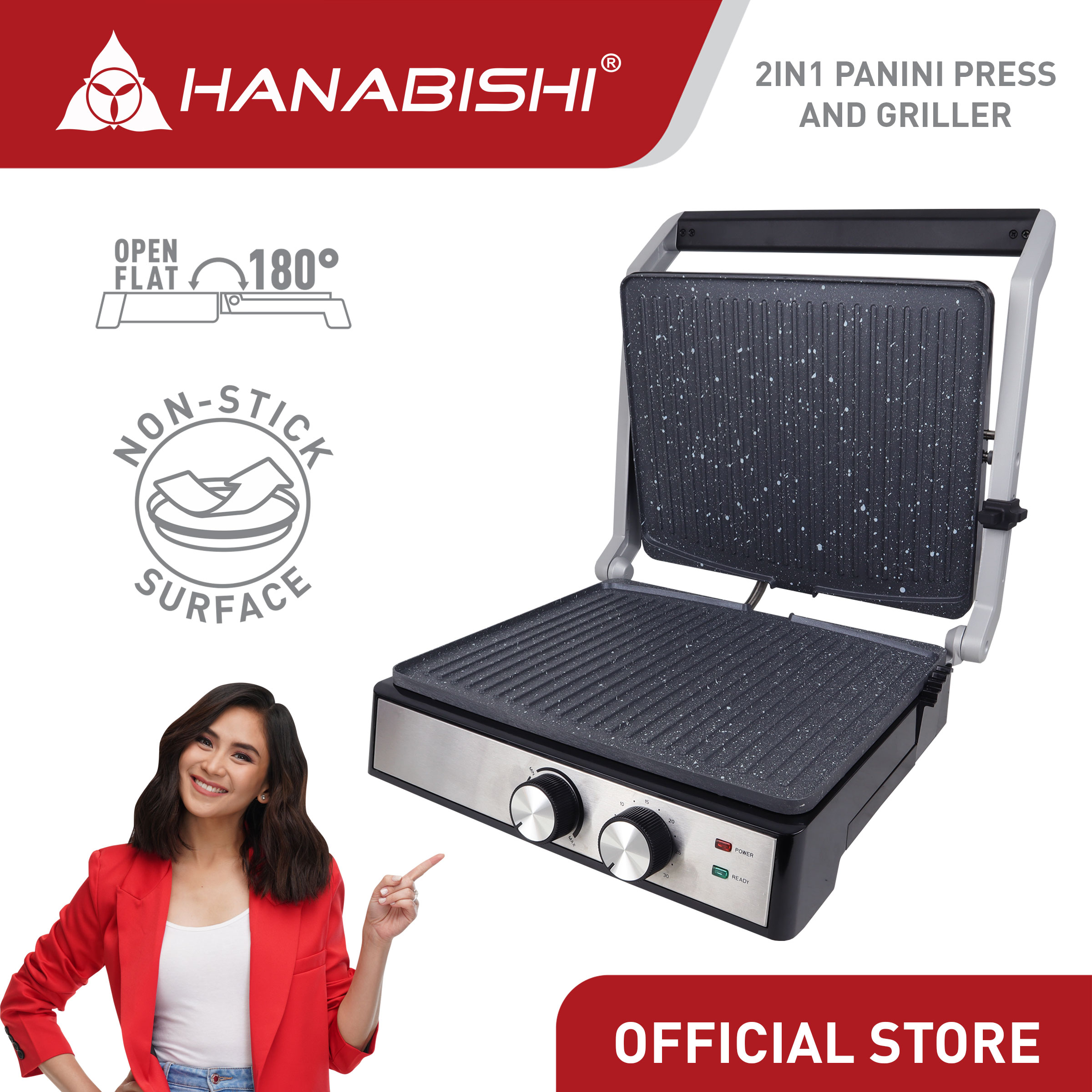 Hanabishi 2in1 Panini Press & Griller HPANINI100SS Double Nonstick Flat