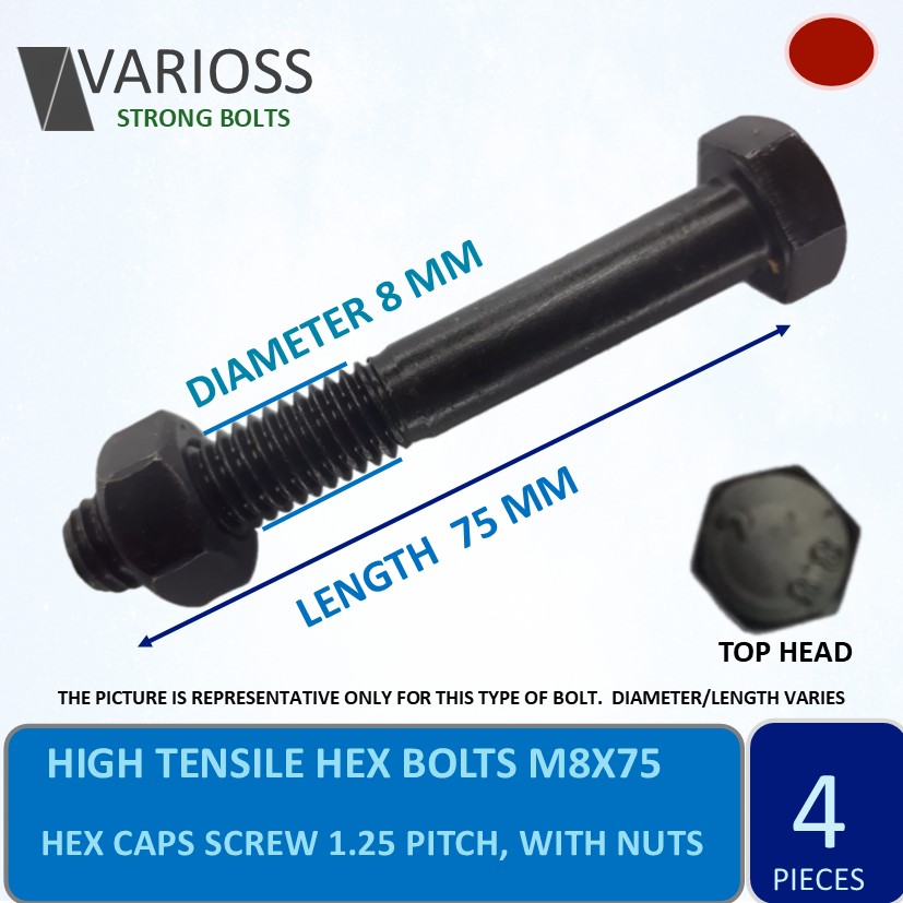 HT Hex Bolts M8X75 4 pcs, 8 mm diameter x 75 length, High Tensile