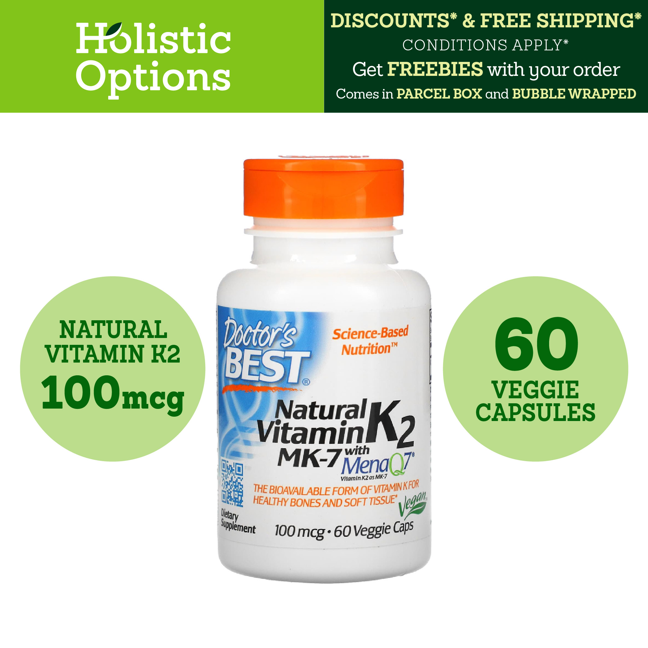 [Authentic] Natural Vitamin K2 MK7 with MenaQ7, 100 mcg, 60 Veggie