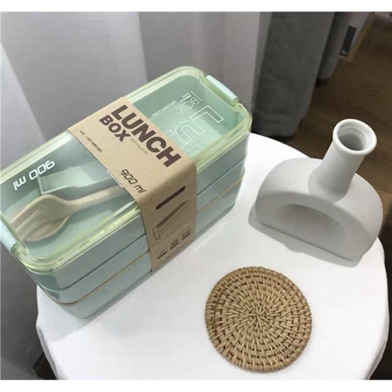 Wheat Straw Lunch Box for Students Office Microwave Food Storage Container Snacks Box Portable Bento Box with Tableware Soup Cup