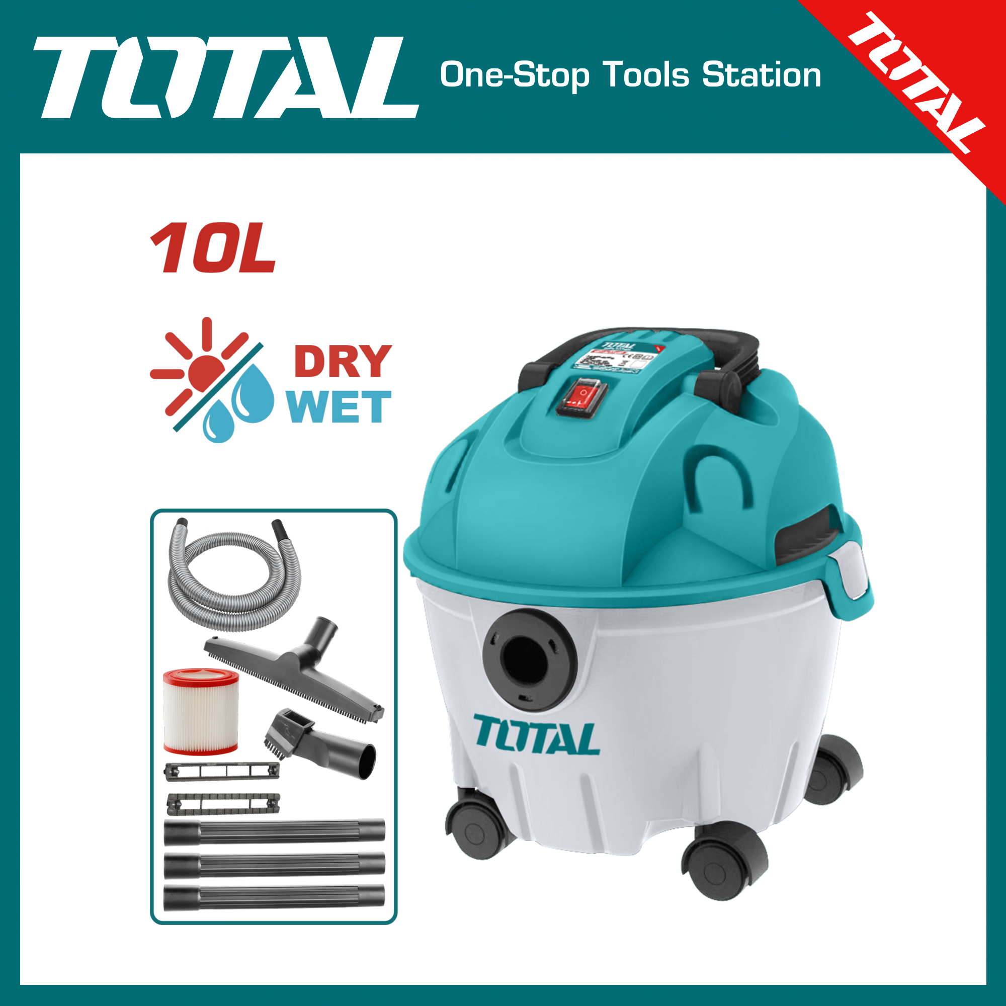 TOTAL 1200W Vacuum Cleaner 10L Dry Wet 15KPa Wet Dry 2.3Meter Power