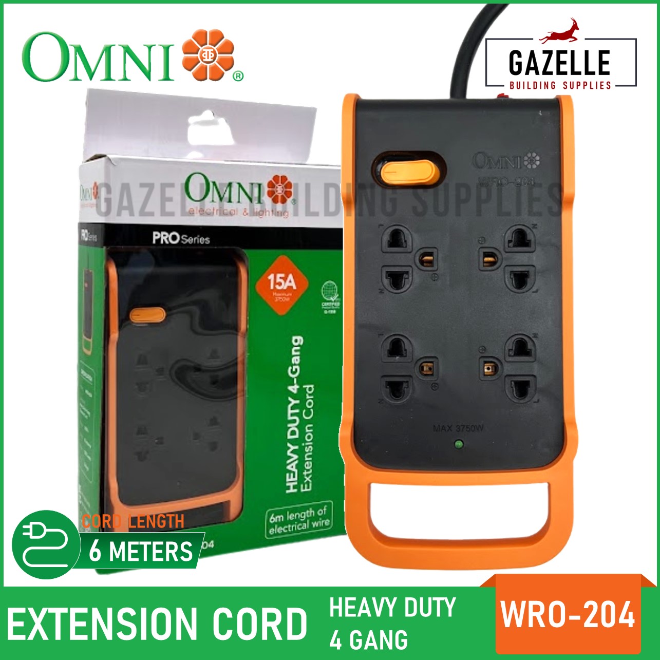 Omni Pro Series Heavy Duty 4-Gan Extension Cord 6 Meter Wire Length 250V  15A 3750W - WRO-204