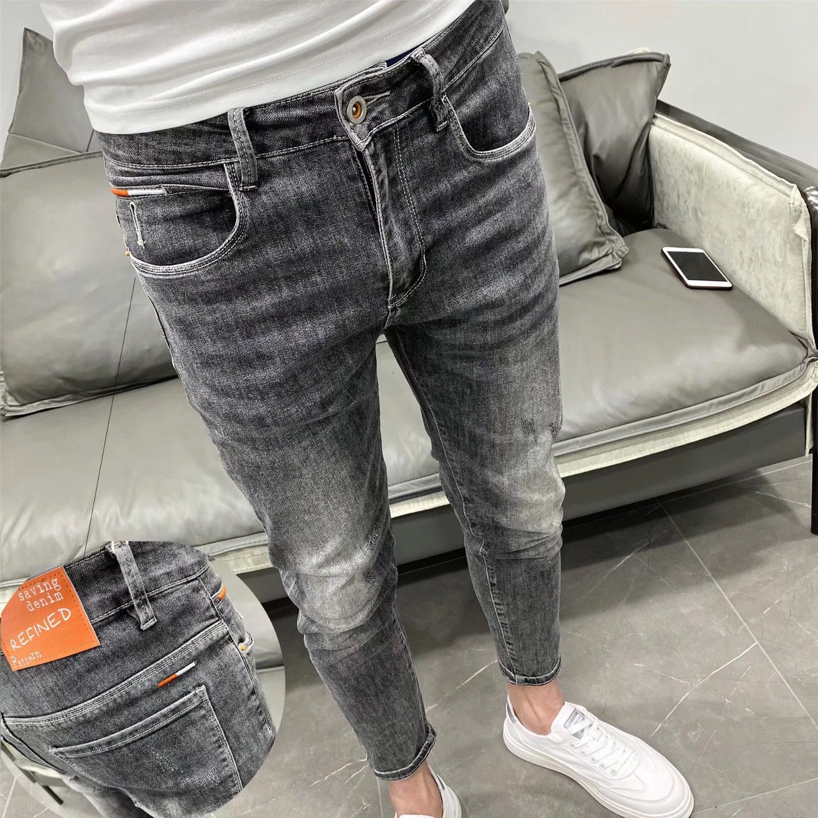 Cropped Ripped Jeans Men's Slim Fit Skinny Spring and Summer Stretch