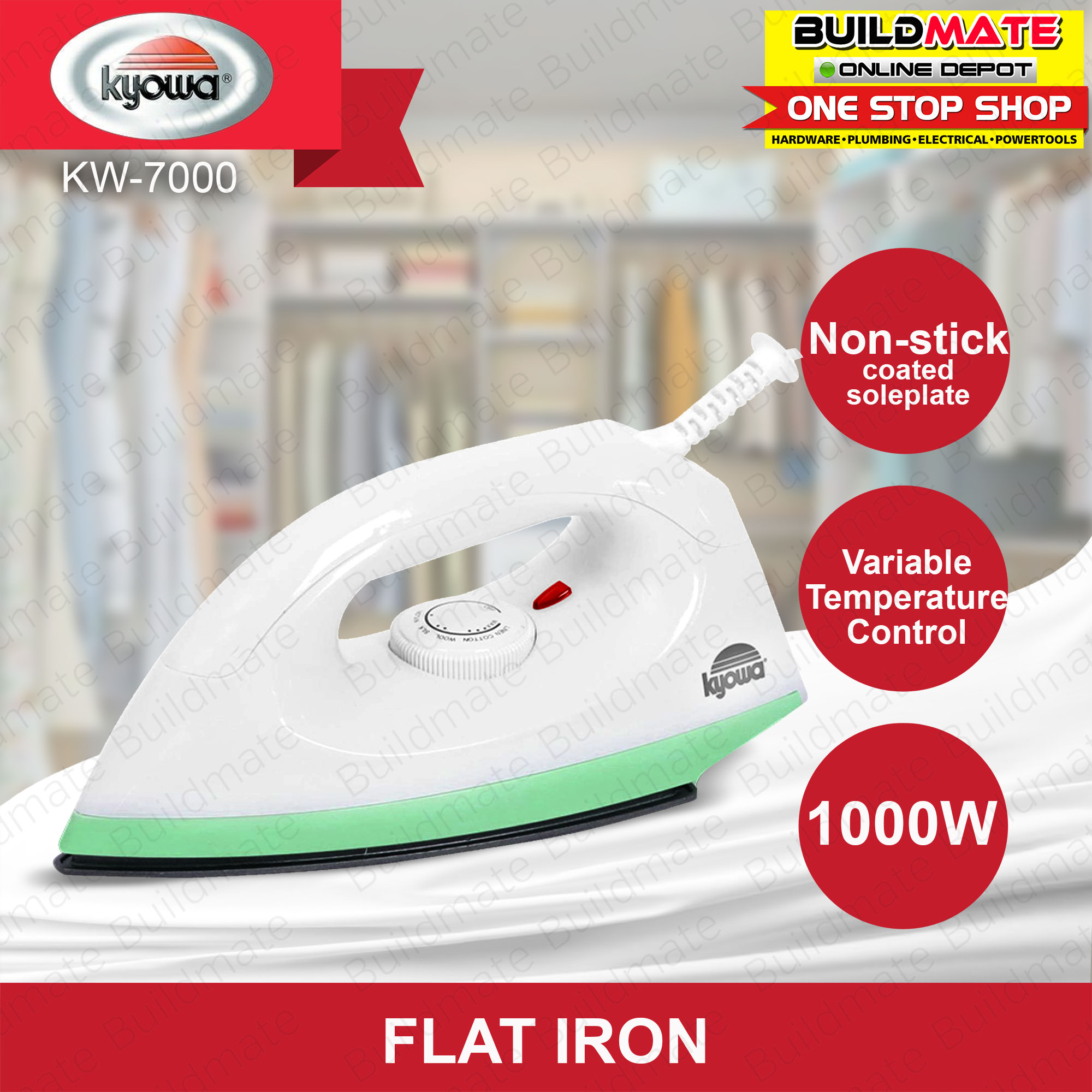 Flat Iron For Clothes 1000W NonStick Coated Sole Plate with