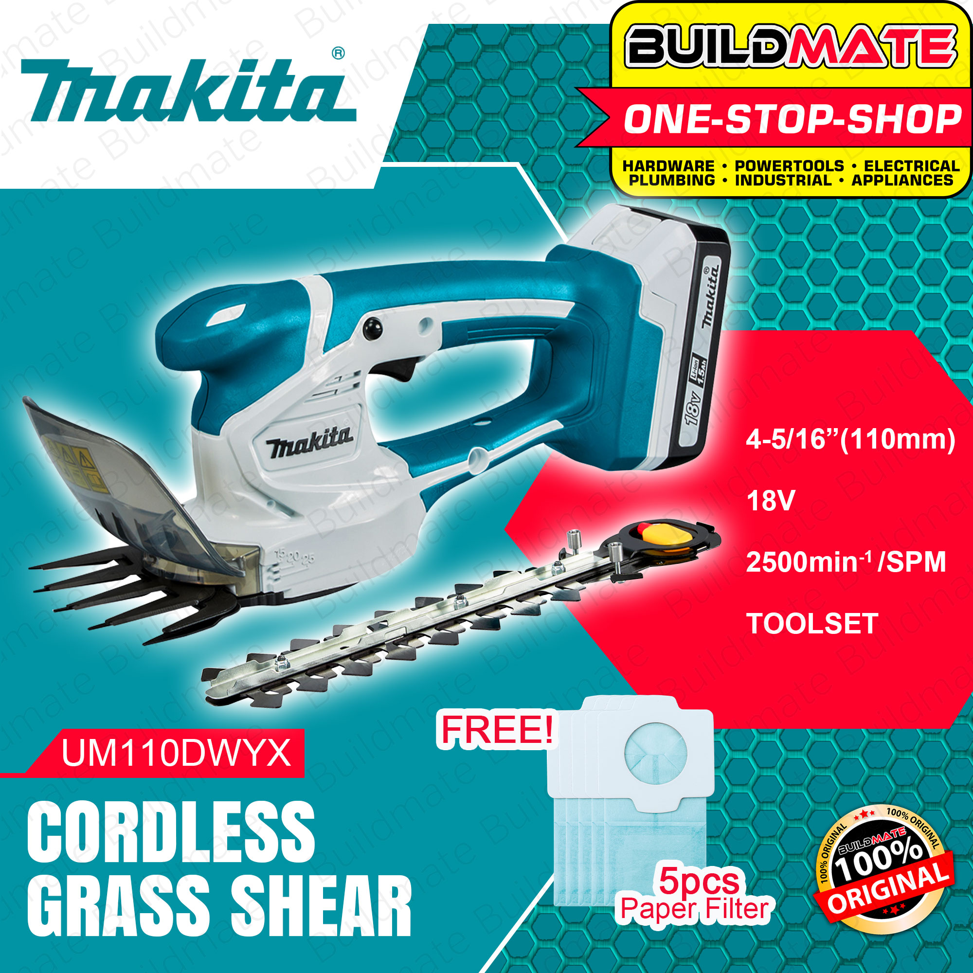 Makita 110mm Lithium Cordless Grass Shear 18v With 15ah G Battery Cutting Shear Hedge Trimmer 2569