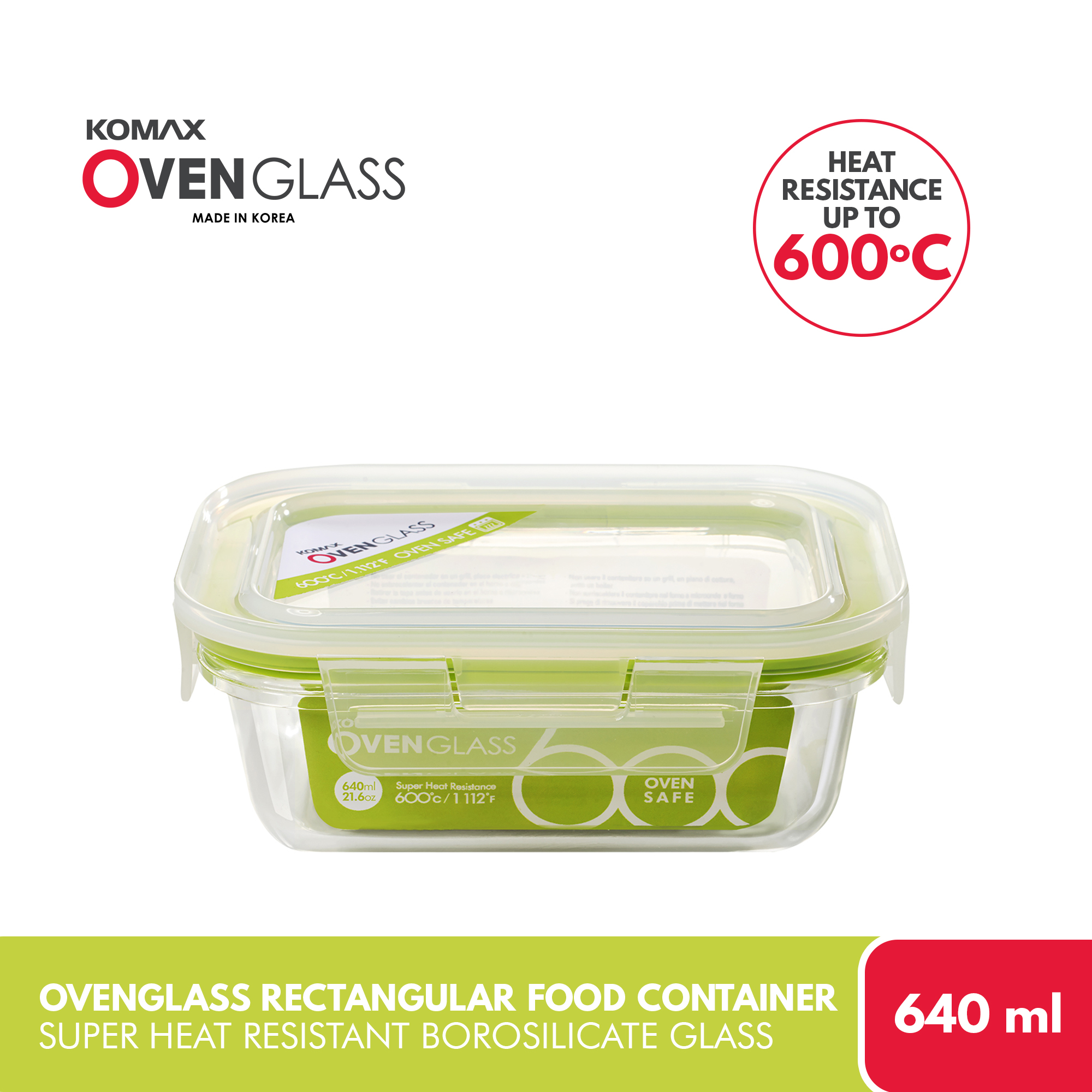 Komax Oven Glass Rectangular Food Container 640ml Bpa Free Airtight And Leak Proof Food