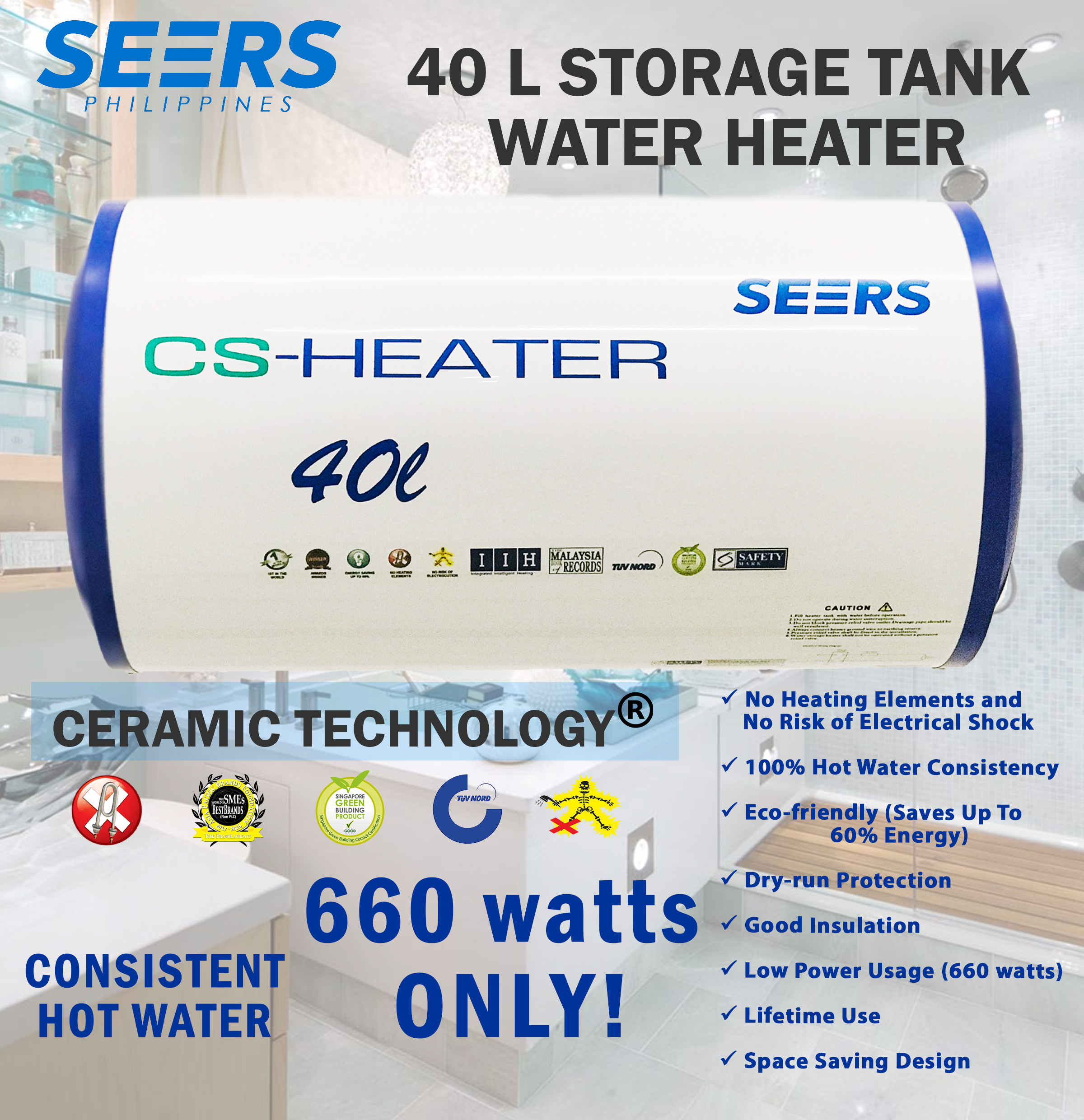 Water Heater Tank 40L (10.5 gal) Storage Tank Water Heater (SEERS Brand) / Water  Heater / Storage Heater / Storage Tank Heater / SEERS Heater / Bathroom /  Bath tub / Heaters /