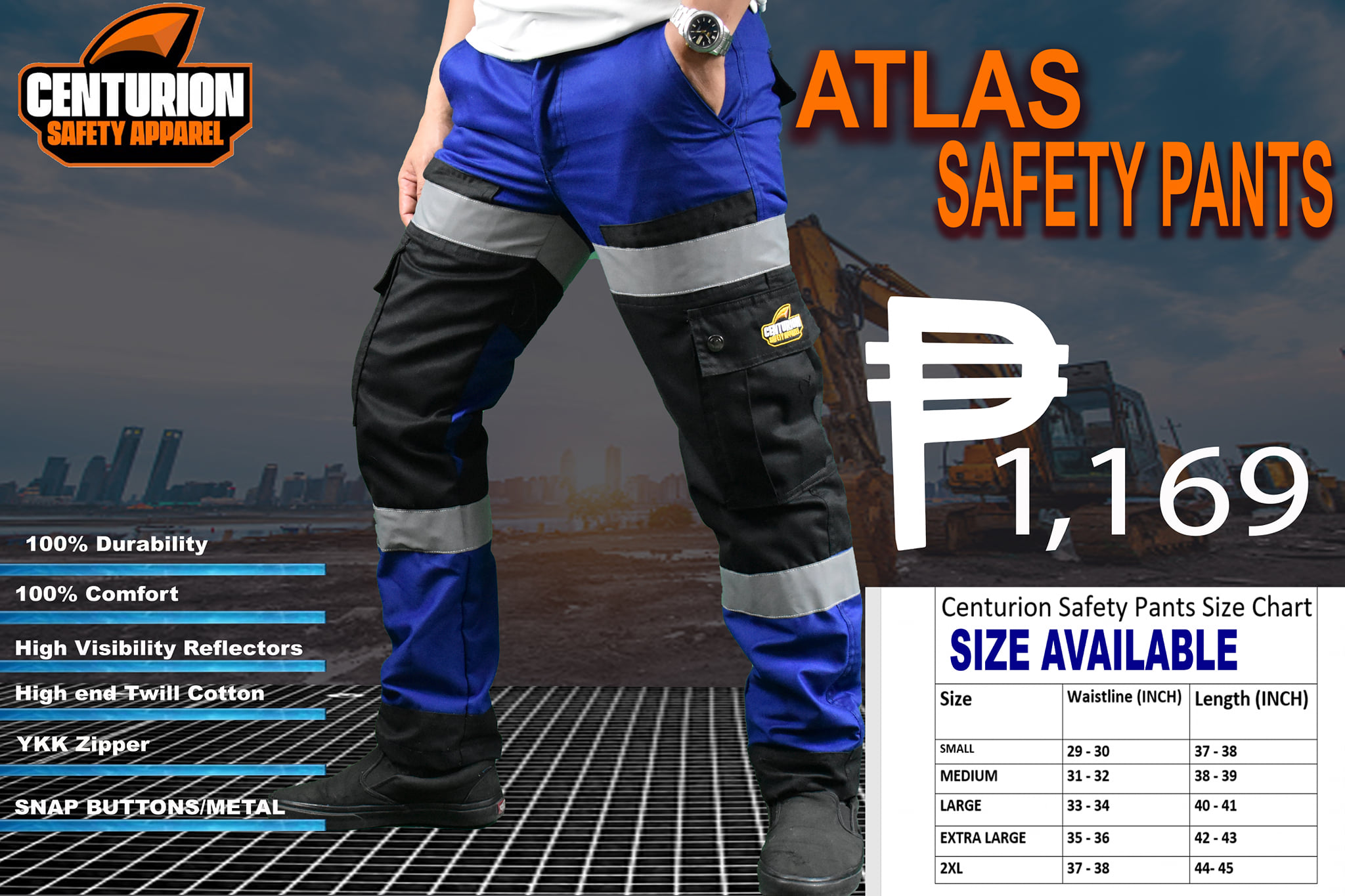 Atlas Safety Pants, Reflectorized cargo orange and black safety