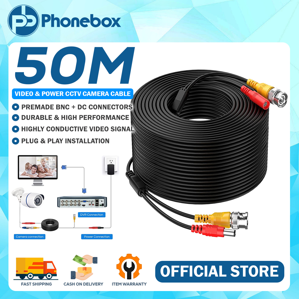 PHONEBOX CCTV Siamese Cable BNC Video DC Power Connector CCTV