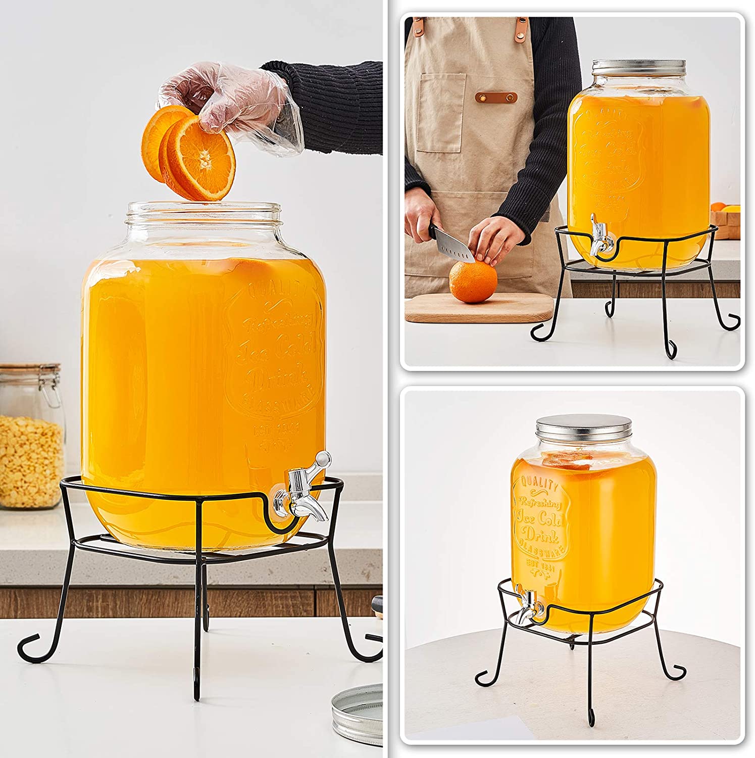 8L Mason Glass Jar Dispenser With Curl Metal Stand (with Molding Line