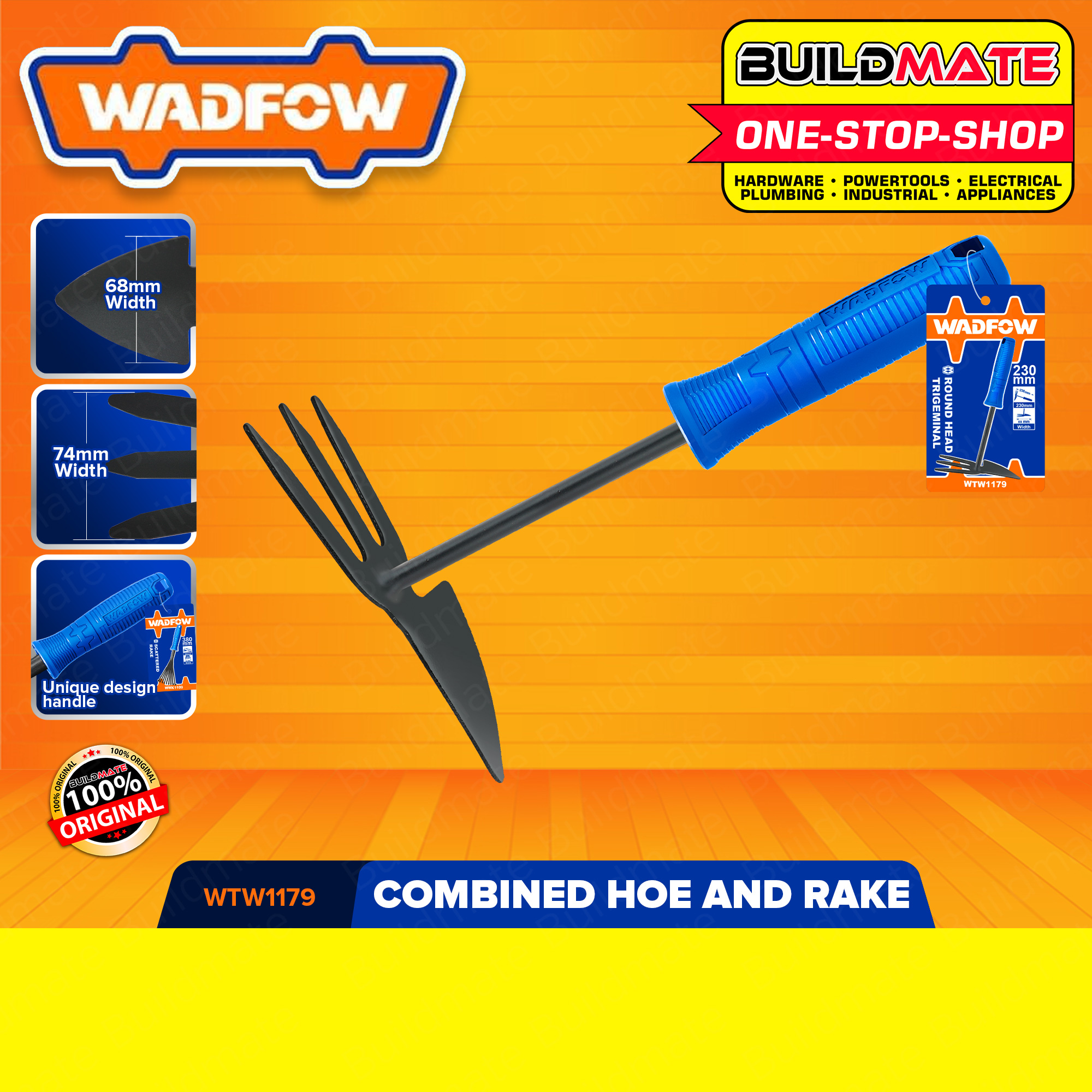WADFOW Combined Hoe And Rake 230MM Multipurpose Garden Rake Hoe Combination Hoe & Fork Steel