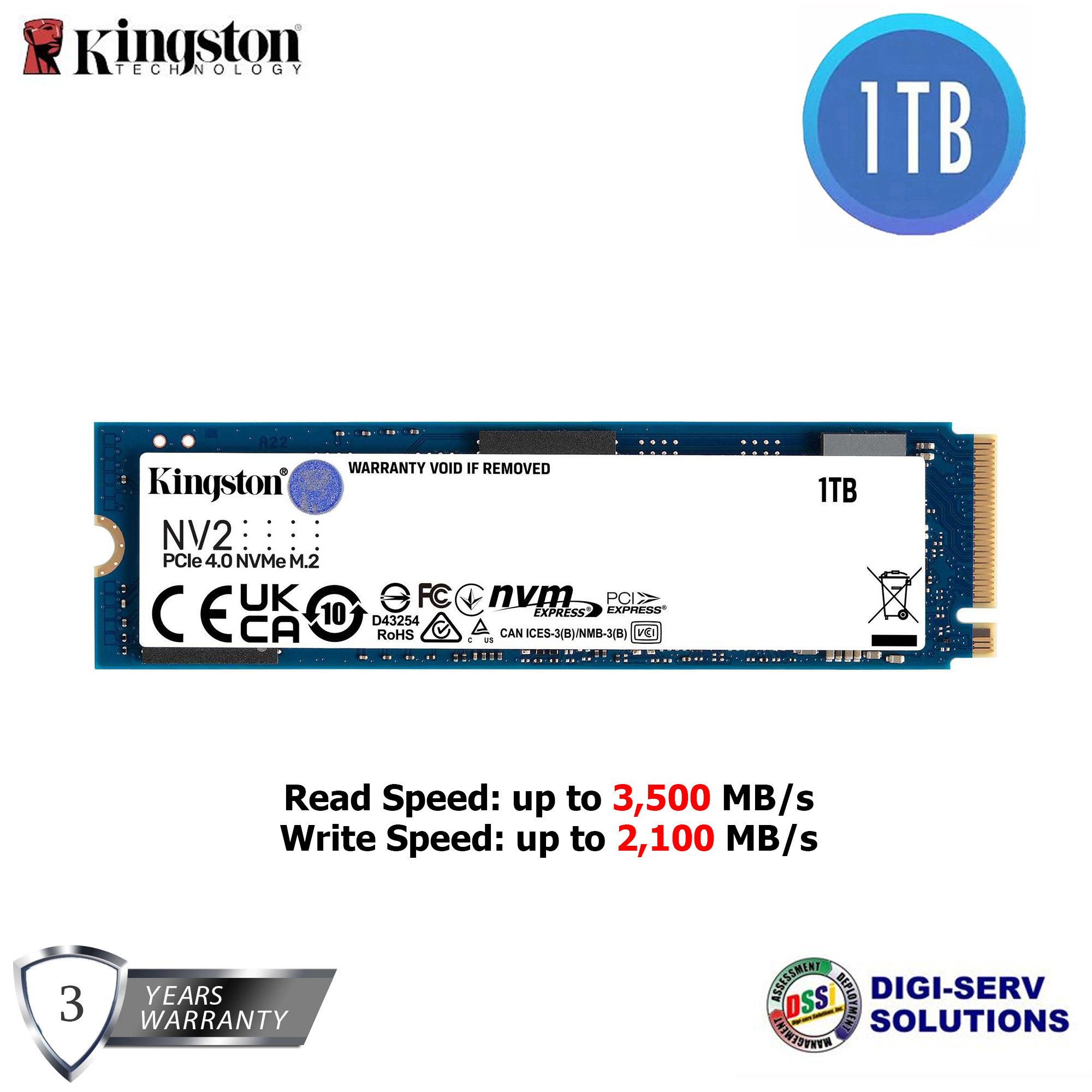 One New Kingston NV2 1TB M.2 NVMe PCIe 4.0 SSD