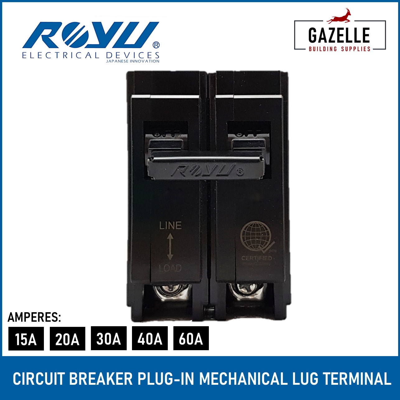 Royu Circuit Breaker PlugIn Mechanical Lug 2 Pole 15A for Plug In Panel Box Electrical