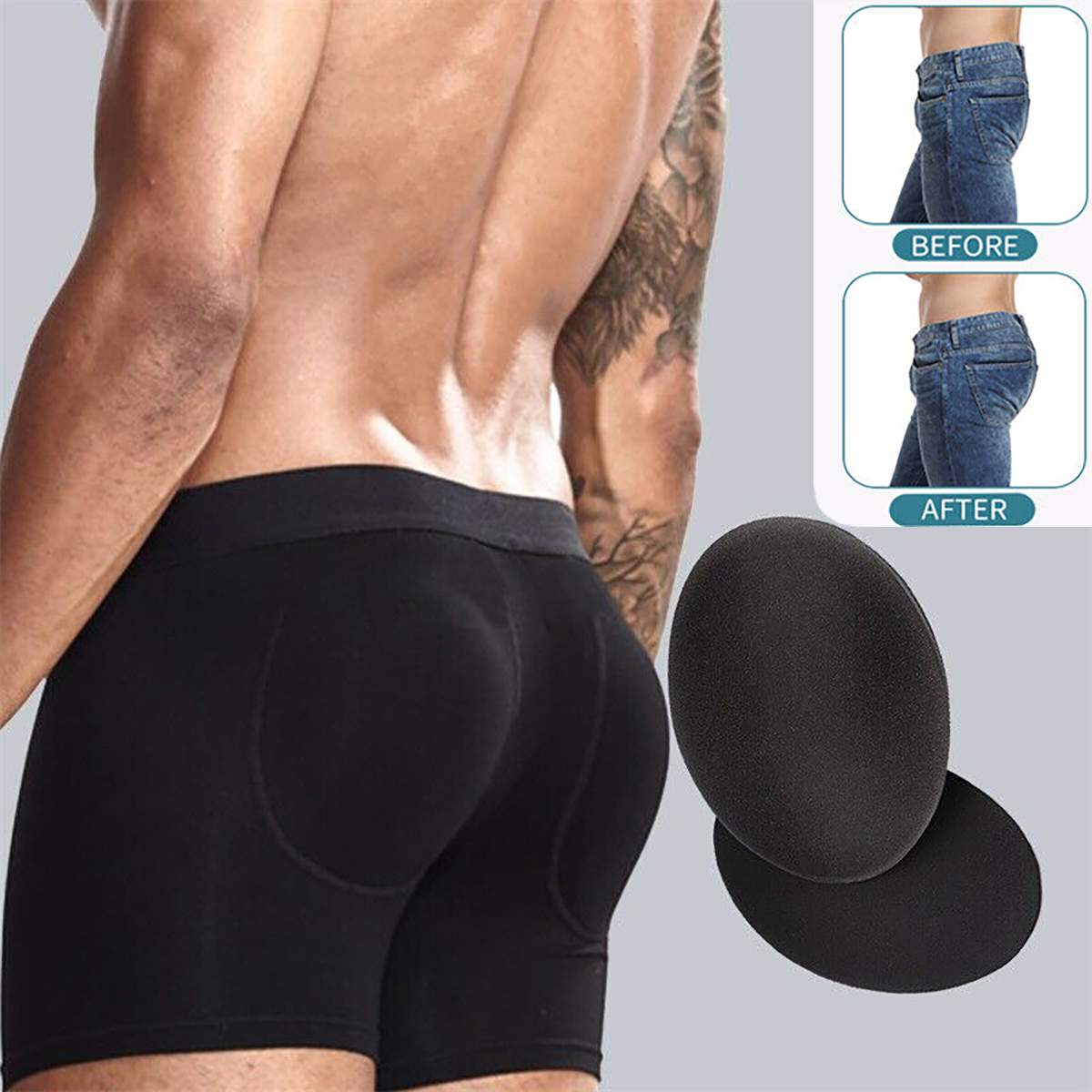 Mens Padded Boxer Butt Lifter Underwear with Invisible Detachable