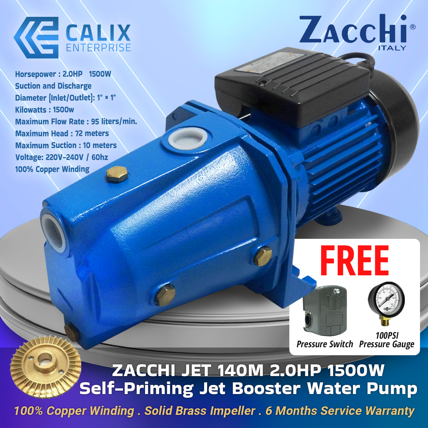 Zacchi Jet 140m 20hp 1500w Self Priming Jet Booster Water Pump 100 Copper Solid Brass 7256