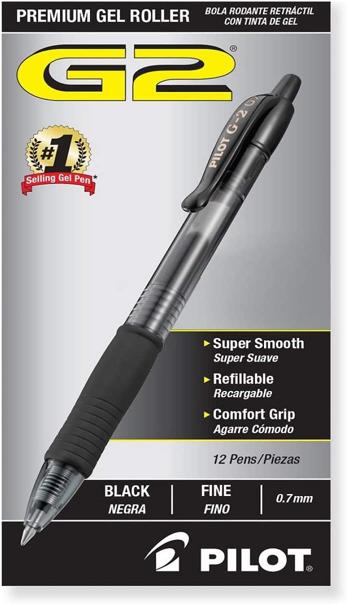 12 Count Fine Point Black Ink 31020 PILOT G2 Premium Refillable & Retractable Rolling Ball Gel Pens