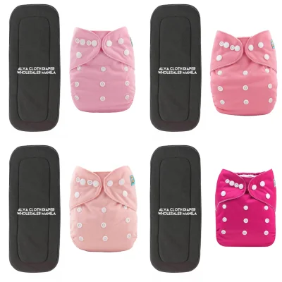 Alva Cloth Diapers 4 Bamboo Charcoal Insert 5-Layer 4 Set Plain Pink Bundle