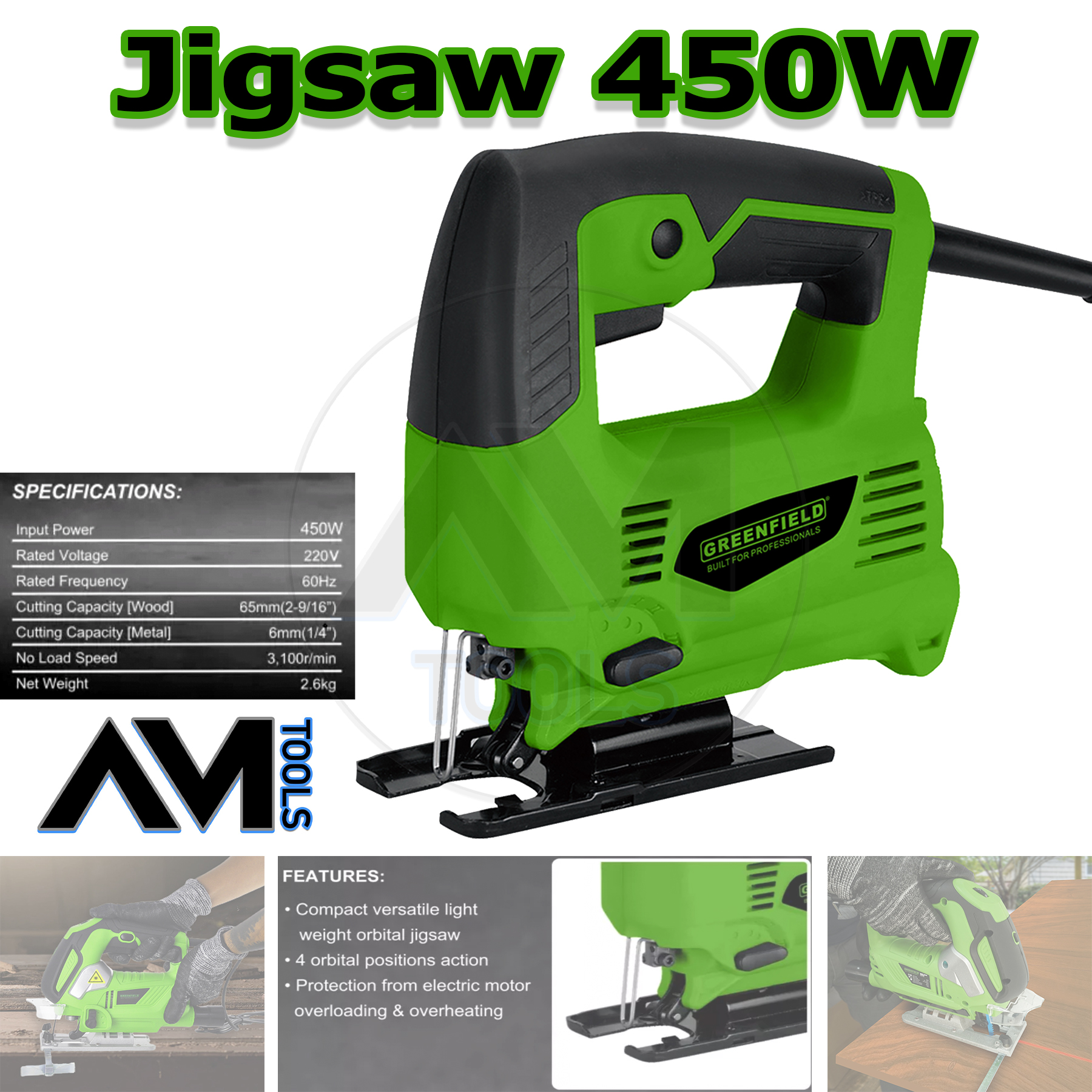 Electric Jigsaw 450 Watts Jig Saw Wood Cutting Metal Cutting Greenfield