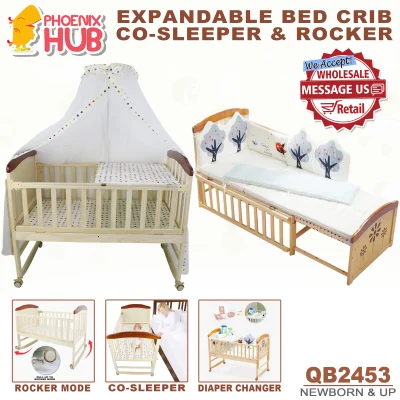 Phoenix Hub QB2453 3 in 1 Multi-Function Compact Baby Wooden Crib Baby Cot Convertible to Toddler Bed Rocker & Co Sleeper