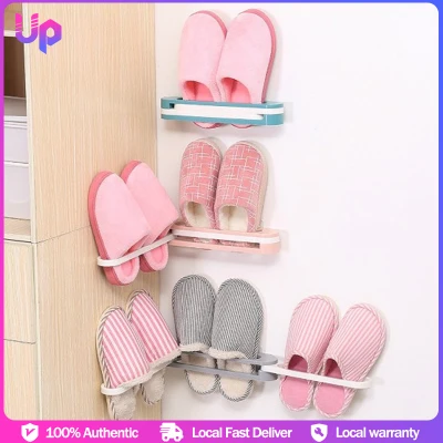 🆙 MALL 1pc Foldable 3IN1 Wall-mounted Slipper Rack Bathroom Tower Racks Perforation-free Shelf Wall 3 Holes Hanging Shoes Towel Home Cabinet Slippers Holder Strong Sticky Plastic Waterproof Bath Drain Fold L-Sweet Simple Space-Saving Creative Folding