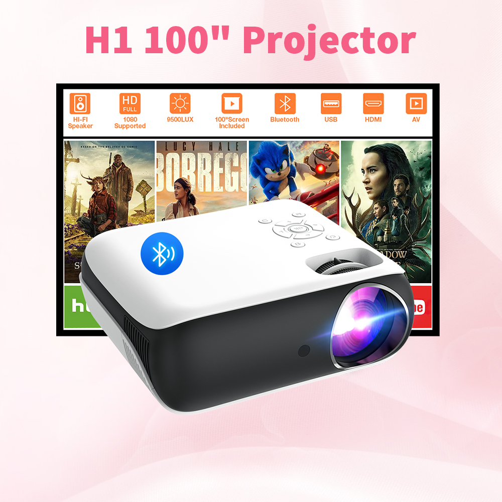 HAPPRUN Projector, Native 1080P Bluetooth Projector with 100''Screen, 9500L  Portable Outdoor Movie Projector Compatible with Smartphone