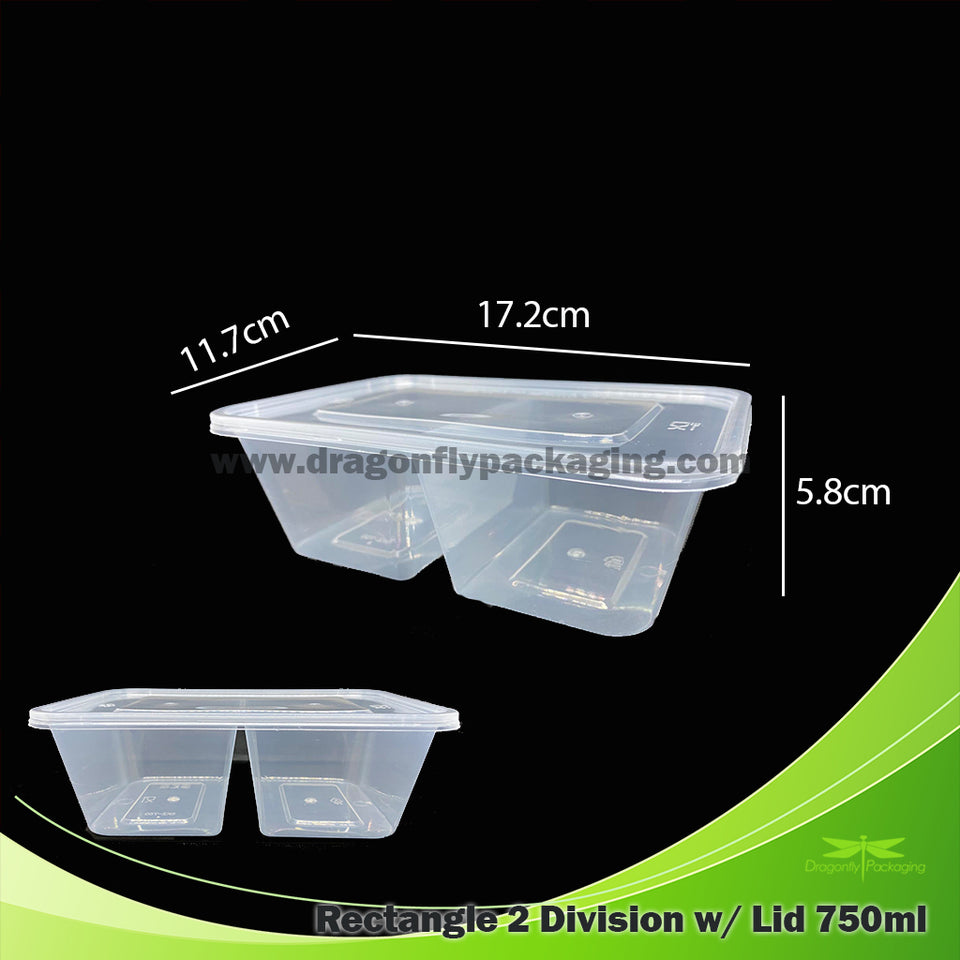 [Wholesale] Dragonfly 750ml 2 Division Clear Meal Box, Bento Box 300pcs