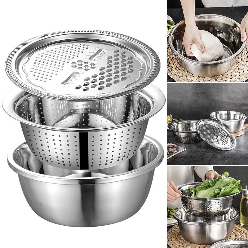 Vegetable for Kitchen Fruits Stainless Steel Drain Basket Vegetable Cutter,3 in 1Kitchen Multipurpose Stainless Steel Grater Food. 