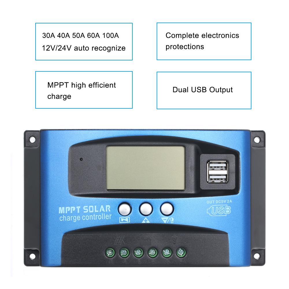 Bộ điều khiển sạc năng lượng mặt trời 100A MPPT Dual USB LCD Hiển thị Bộ điều chỉnh sạc pin mặt trời tự động
