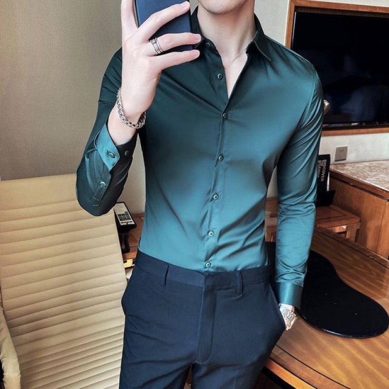 Autumn high-grade dark green shirt long sleeve men's light luxury business  style slim shirt ruffian handsome formal sales | Lazada PH