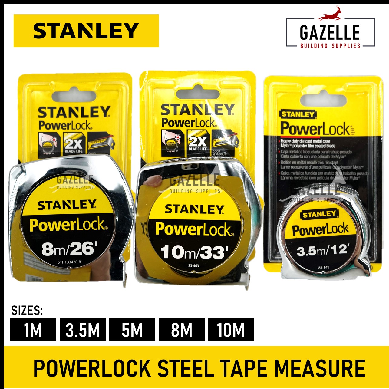 Stanley Powerlock Tape Measure Measuring Tape Rule Keychain 1m / 3.5m / 5m  / 8m / 10m - 33-463 / 33-428 / 33-553 / 33-149 / 39-133