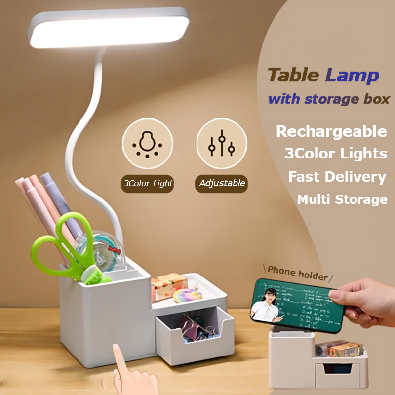USB Rechargeable LED Desk Lamp Study Lamp with Pen Holder Bendable Student Reading Light Lamp