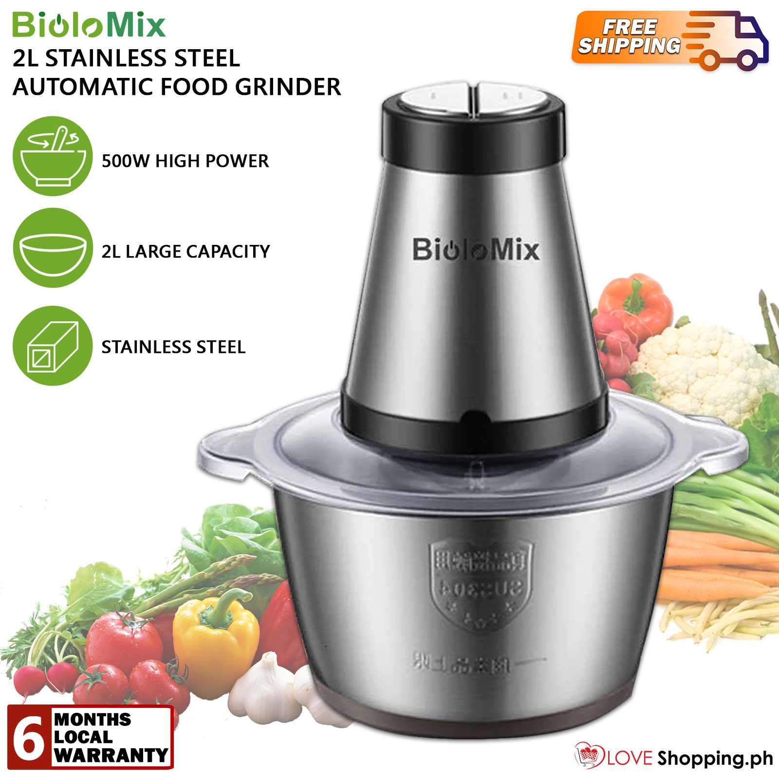 BIOLOMIX 2L 500W Two Speed Stainless Steel Automatic Food Grinder Food