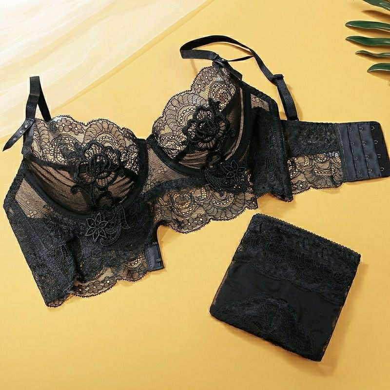 Plus size Ultra-thin lace embroidered bra set no sponge comfort underwear transparent  lace push up focus bras high waist women's panties soft brassiere briefs  sets female corset