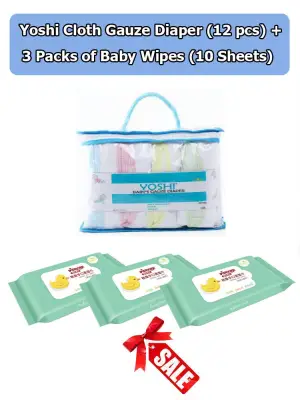 Yoshi Organic Cloth Gauze Diaper (Lampin Type) 12 pcs + 3 Packs of Babytouch Baby Wipes (10 Sheets)