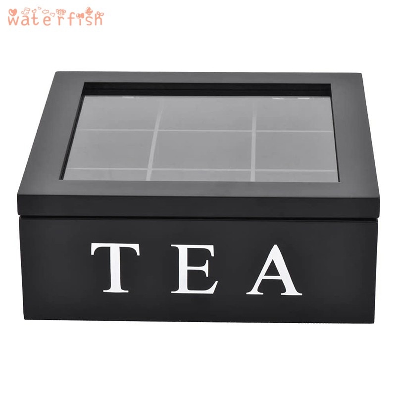 9 Cells Wooden Storage Box with Visible Lid for Tea Bag Jewelry Coffee