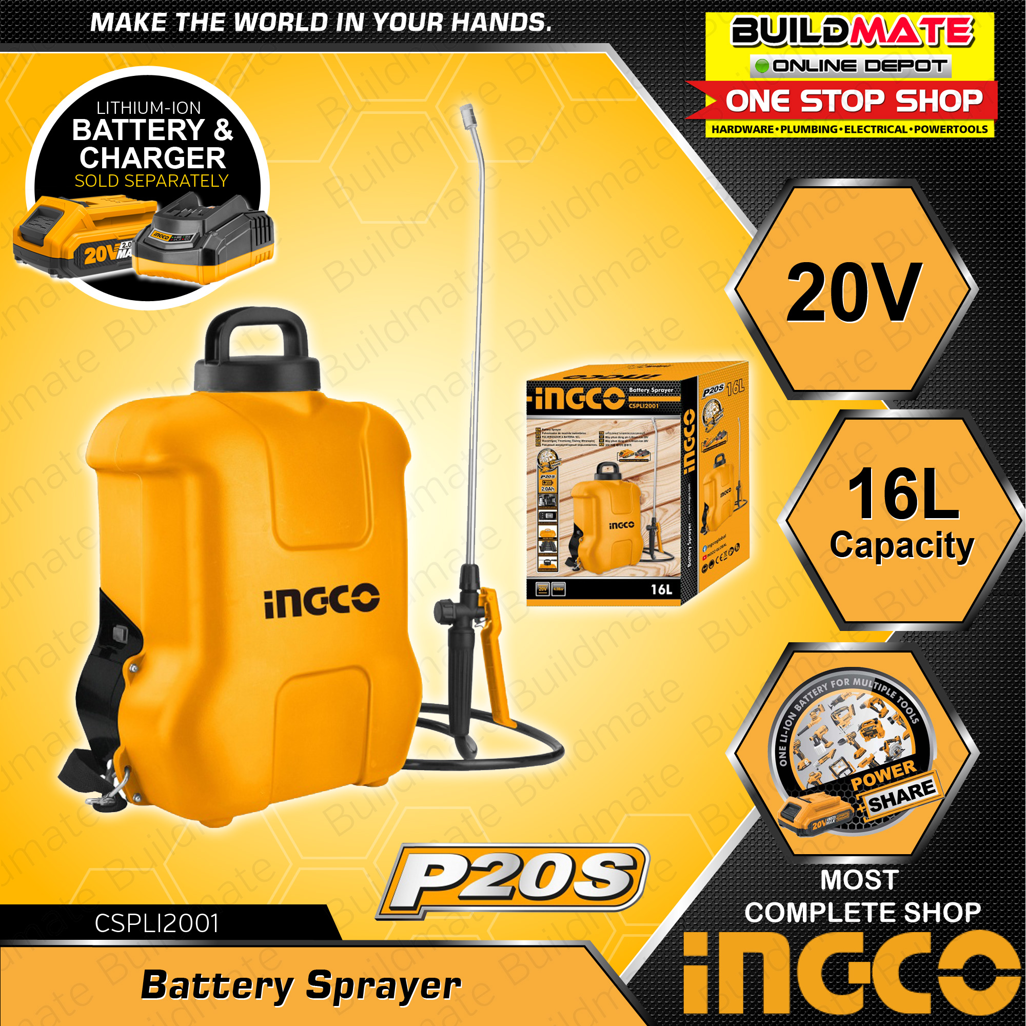 INGCO Cordless Battery Agricultural Knapsack Sprayer 16L 20V CSPLI2001 ...