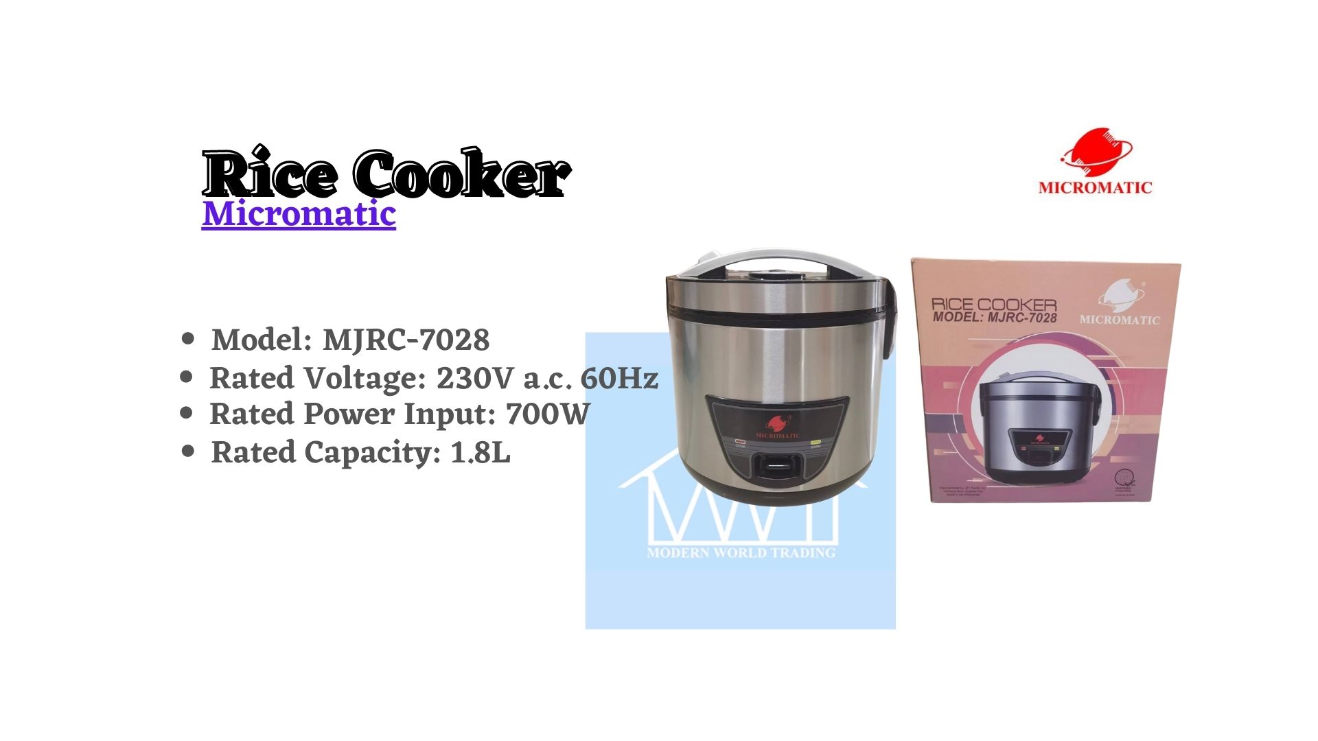 Micromatic MRC7028 Jar Type 1.8L Rice Cooker 230V 700W Lazada PH